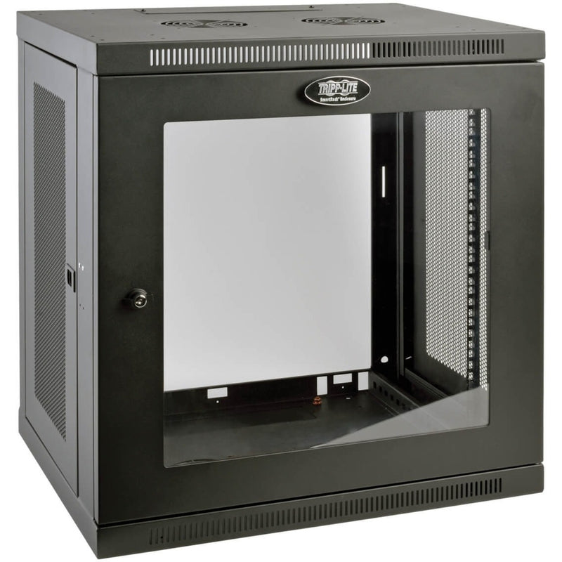 Front view of Tripp Lite SRW12UG wall-mount rack enclosure with clear acrylic window and mesh ventilation