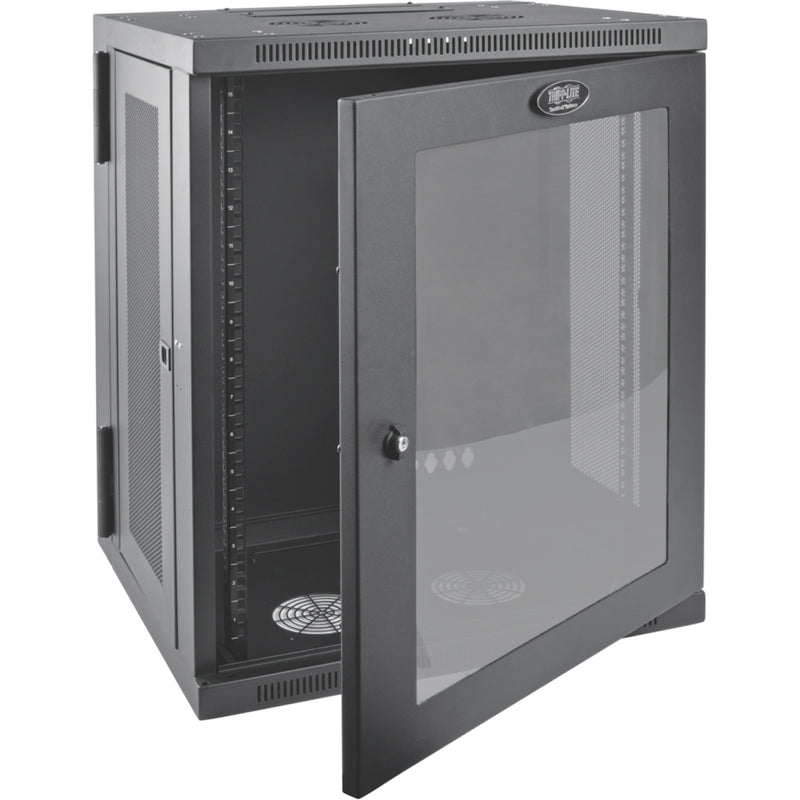 Side view of SRW15USG cabinet with door open showing internal rack space and hinged design