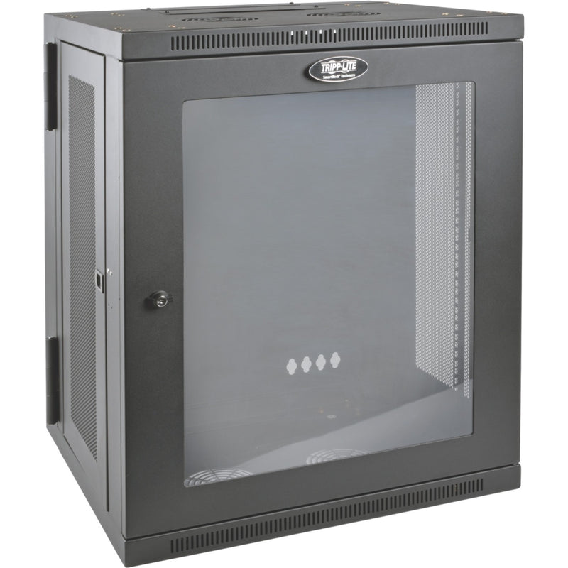 Front view of Tripp Lite SRW15USG wall-mount rack enclosure with acrylic window door and ventilation panels