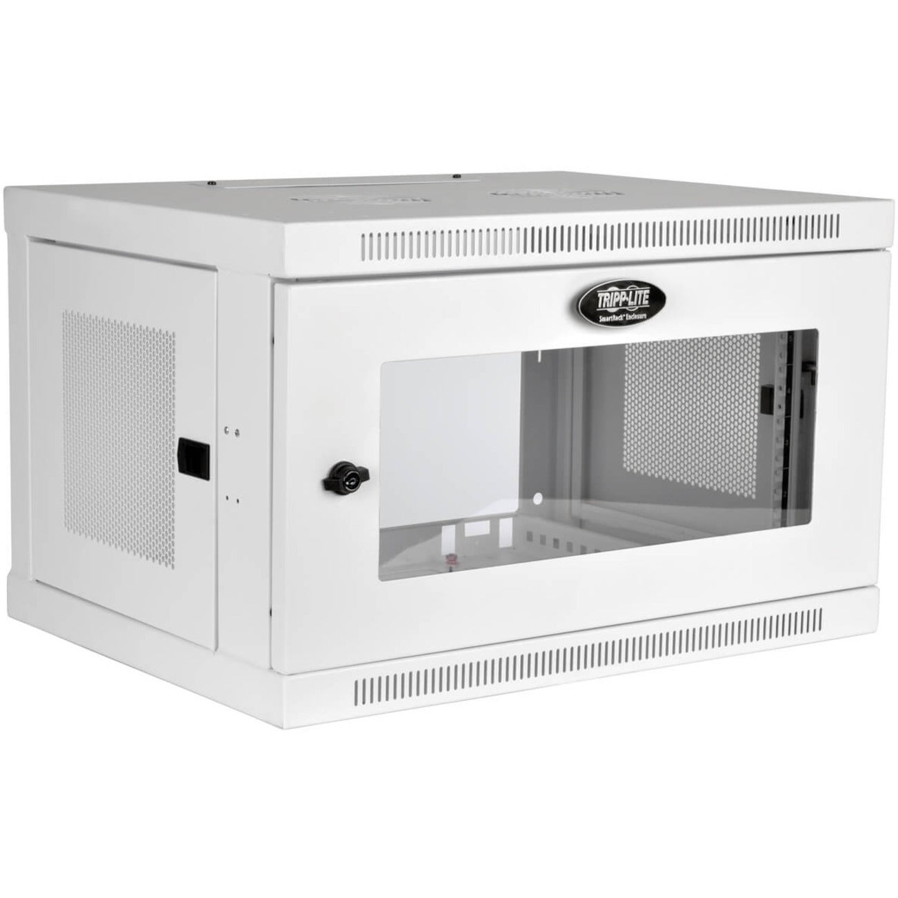 Front view of white Tripp Lite 6U wall-mount rack enclosure with mesh ventilation and clear acrylic door window-alternate-image1