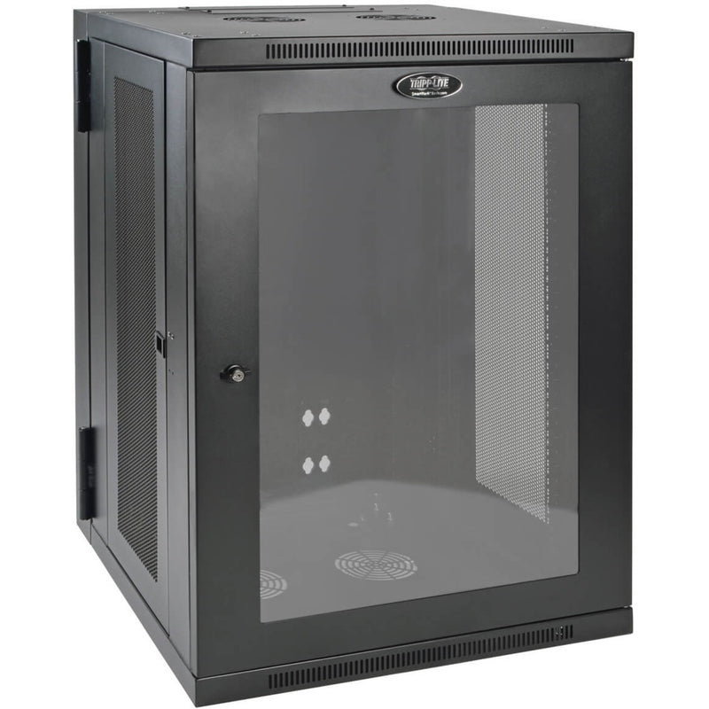 Front view of Tripp Lite SRW18USG rack enclosure showing mesh ventilation panels and acrylic door