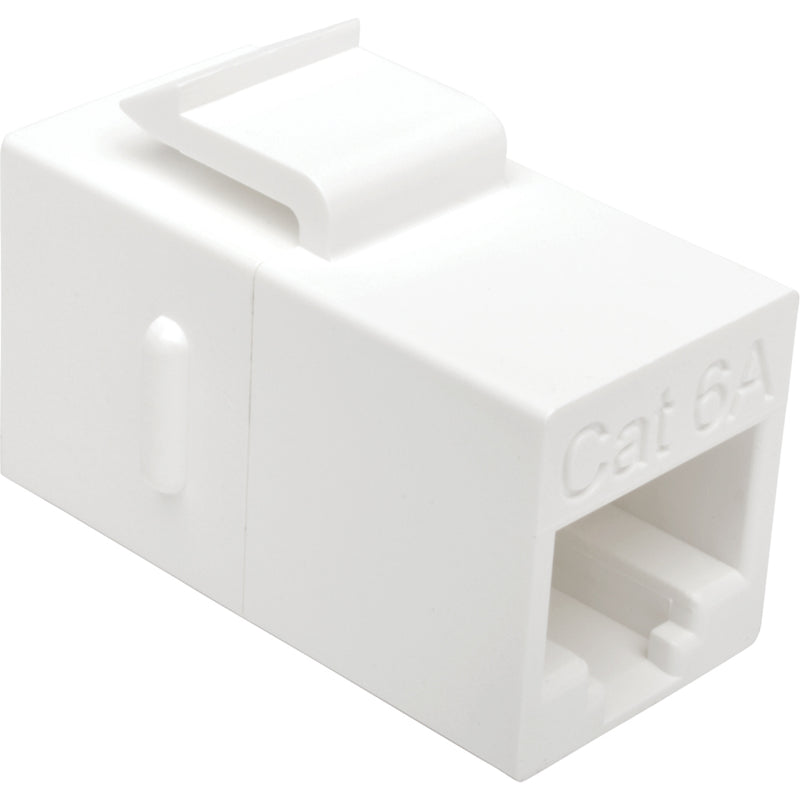 Angled view of white Cat6a network coupler showing mounting tab and RJ45 port