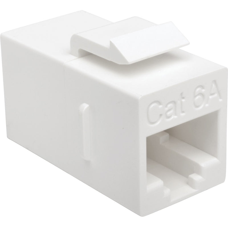 White Cat6a RJ45 female-to-female coupler showing side profile with snap-in tab and Cat6A marking