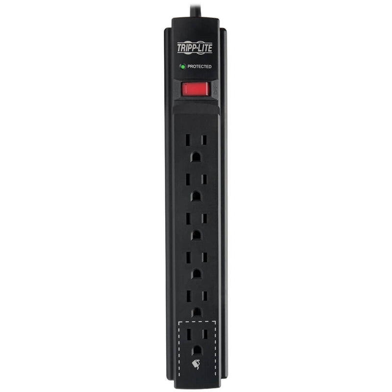 Front view of Tripp Lite TLP615B surge protector showing all 6 outlets and transformer spacing