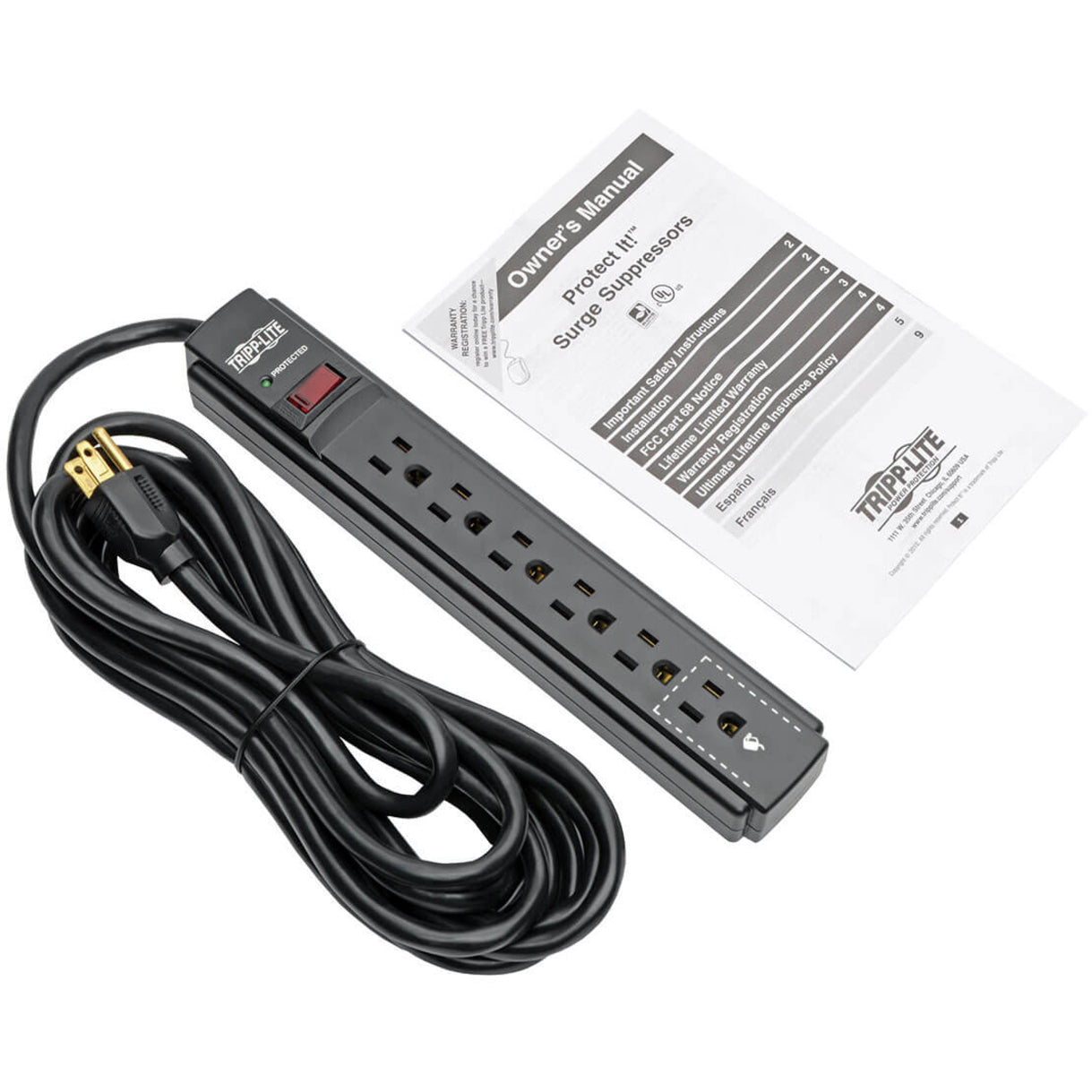 Tripp Lite surge protector with power cord and manual showing complete package contents-alternate-image6