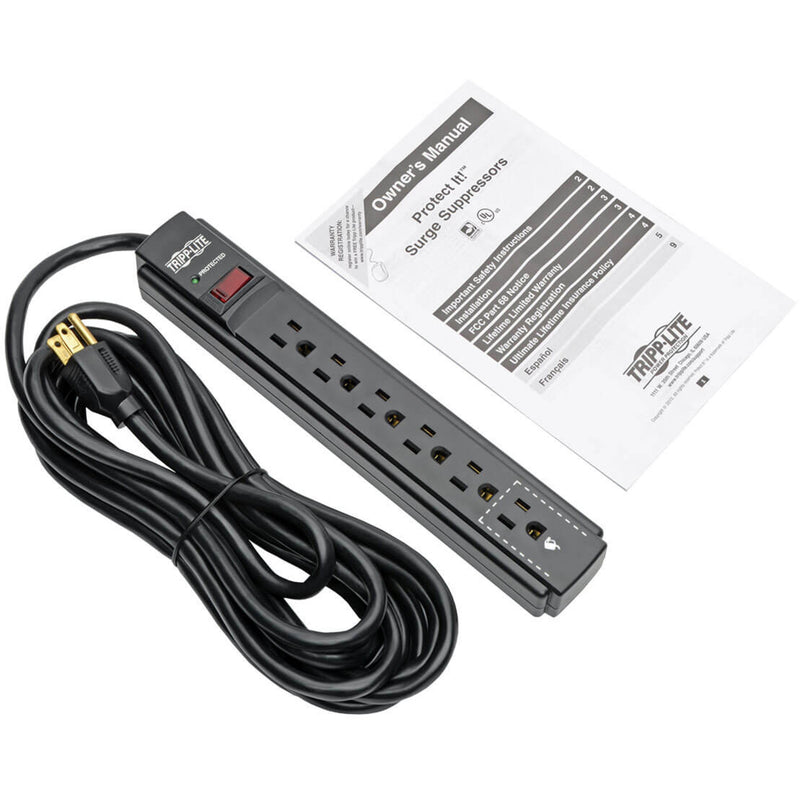 Tripp Lite surge protector with power cord and manual showing complete package contents