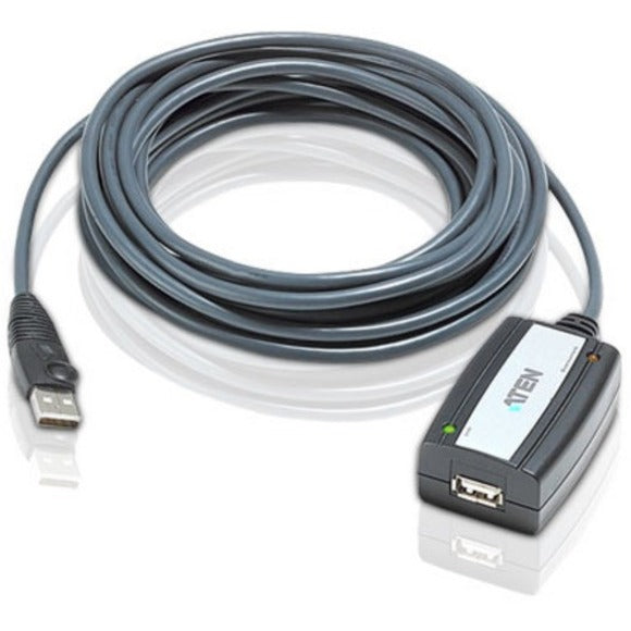 ATEN UE250 16.4ft black USB extension cable with active signal booster showing male USB connector and female port end