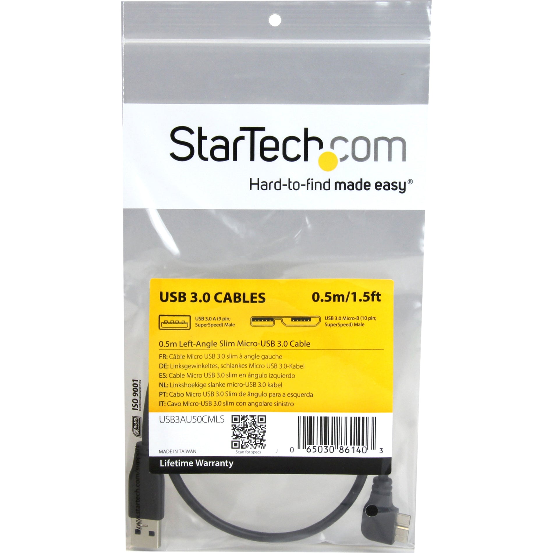 StarTech.com كابل USB3AU50CMLS USB 3.0 رفيع - ذكر-ذكر - ميكرو USB زاوية يسارية - 0.5م (20بوصة)، مرن، مقاوم للضغط، مقاوم للتلف، شحن، مقاوم للانحناء