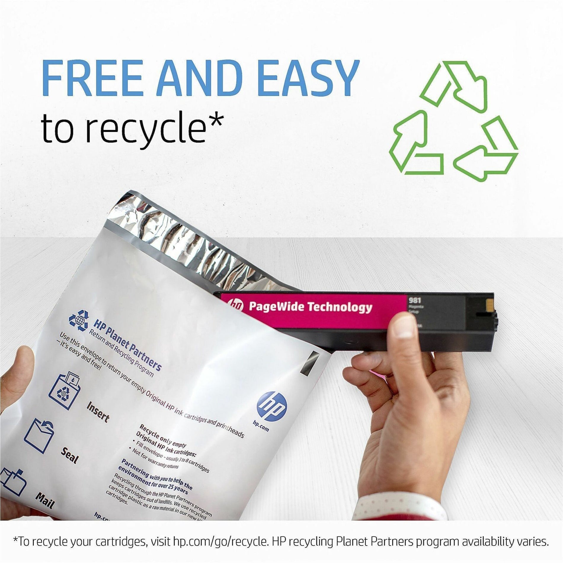 HP ink cartridge being placed in recycling envelope with recycling symbol and instructions-alternate-image3