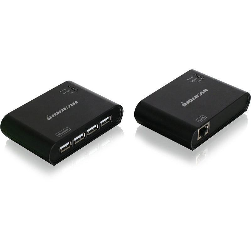 IOGEAR GUCE64 USB extender kit showing local 4-port transmitter unit and remote receiver unit in black finish