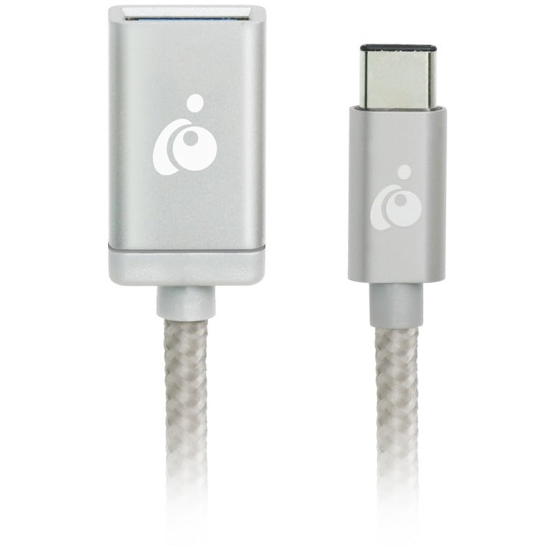 IOGEAR silver USB-C to USB-A adapter with braided cable and aluminum connectors showing both ends of the adapter-alternate-image1