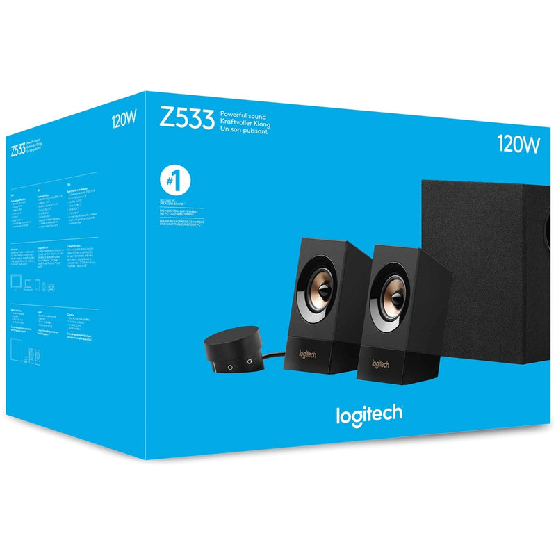 Logitech Z533 retail packaging showing product features and specifications