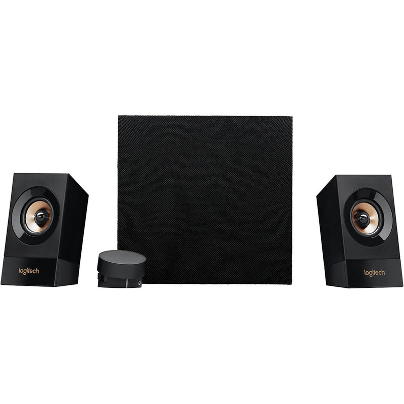 Logitech Z533 2.1 speaker system featuring two satellite speakers, subwoofer, and control pod in black finish