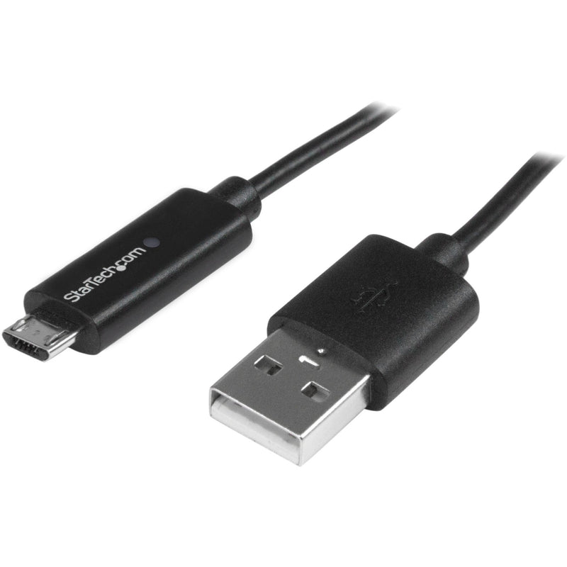 StarTech.com black USB to Micro-USB cable with LED indicator showing USB-A and Micro-USB connectors