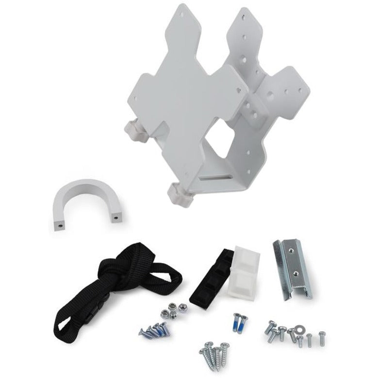 Exploded view of Ergotron Thin Client Mount components including white steel bracket, mounting hardware, security straps, and pole clamp