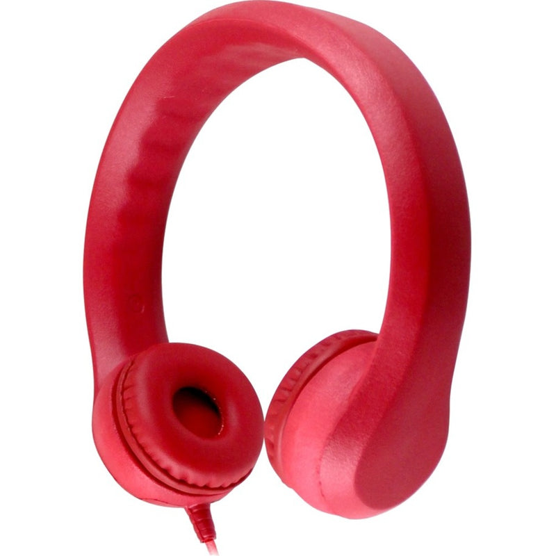 Red foam headphones with cushioned ear cups and flexible headband design