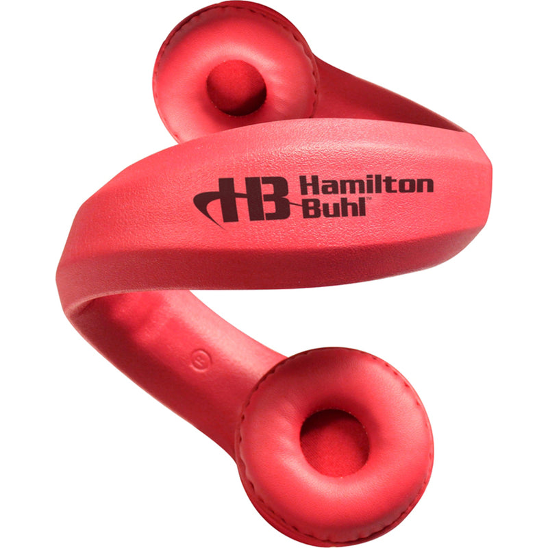 Close-up of red Flex-Phones ear cup showing Hamilton Buhl branding and cushioning detail