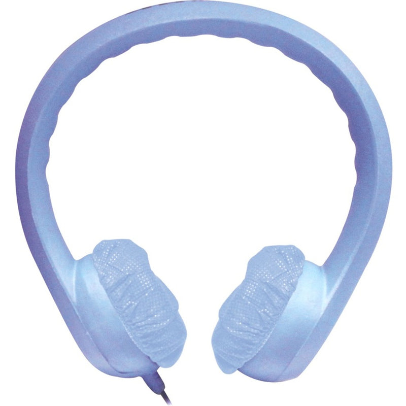 Blue foam headphones with textured ear cushions shown in front view against white background