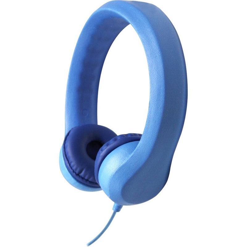 Angled view of blue foam headphones showing complete design with cable