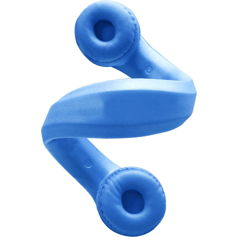 Blue foam headphones twisted into S-shape demonstrating flexibility