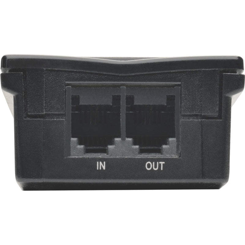 Close-up of RJ11 telephone line protection ports with IN/OUT labels