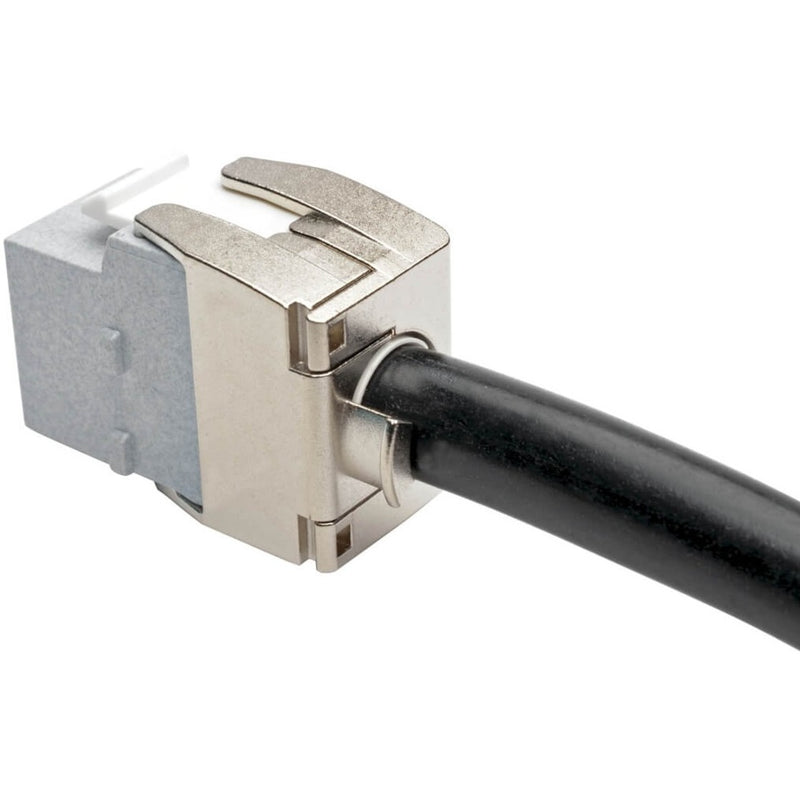 Side view of Cat6a keystone jack showing cable attachment point and strain relief mechanism