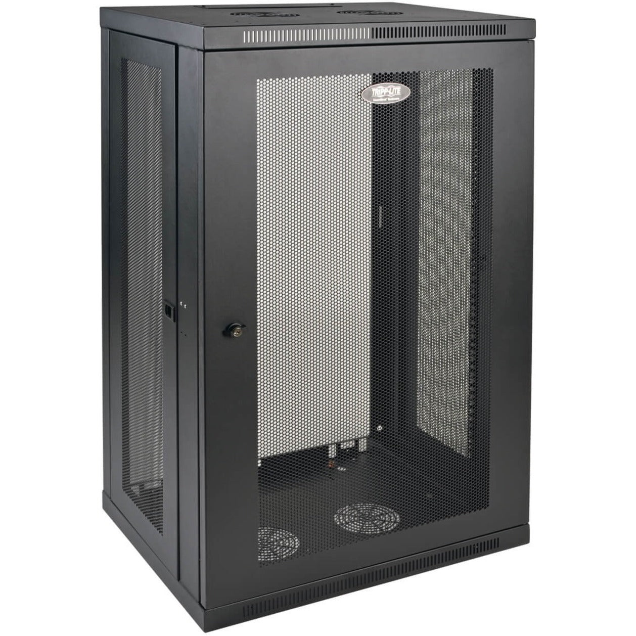 Front view of Tripp Lite SRW21U wall-mount rack enclosure showing perforated mesh door and ventilated panels-alternate-image1