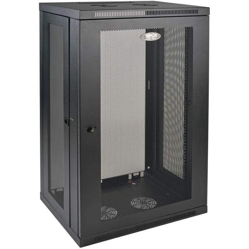 Front view of Tripp Lite SRW21U wall-mount rack enclosure showing perforated mesh door and ventilated panels