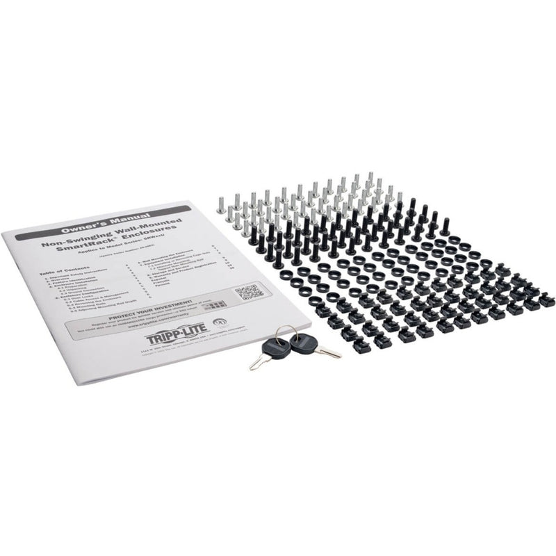 Installation hardware kit including mounting screws, cage nuts, washers, and documentation