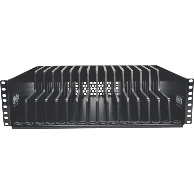 Front view of 3U rack shelf showing 16 storage slots with cable management features