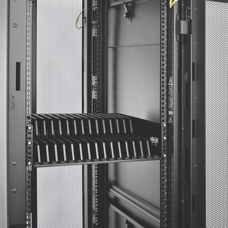 Rack shelf installed in server cabinet showing mounting compatibility