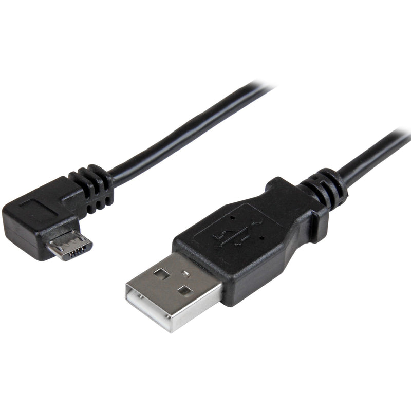 Right-angle Micro-USB cable with USB-A connector showing ergonomic design for easy device charging