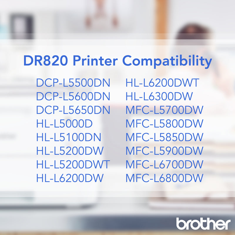 Compatibility chart showing all Brother printer models compatible with DR820