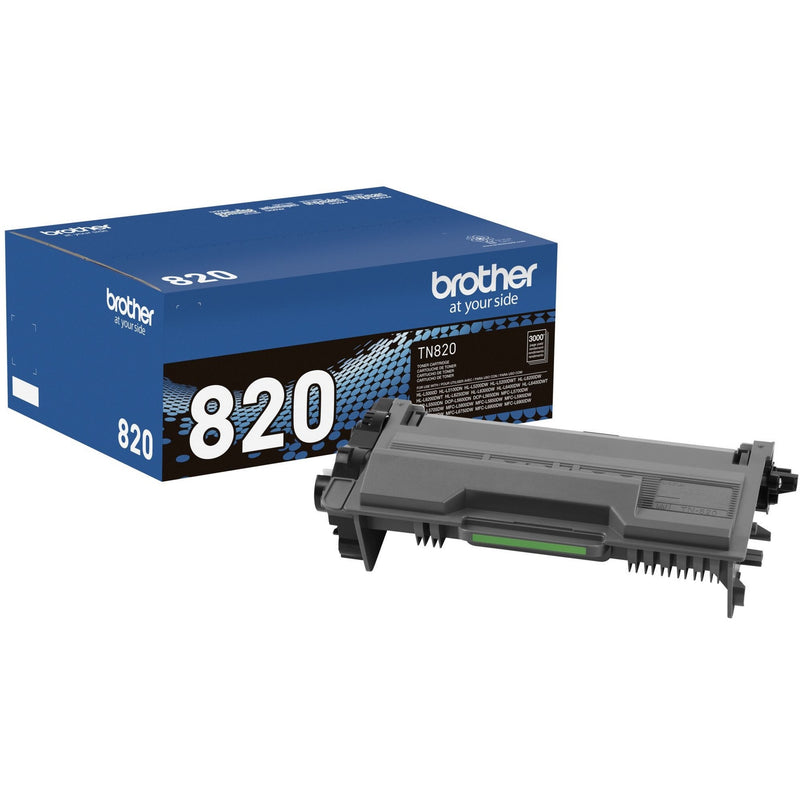 Brother TN820 black toner cartridge with retail packaging showing product details