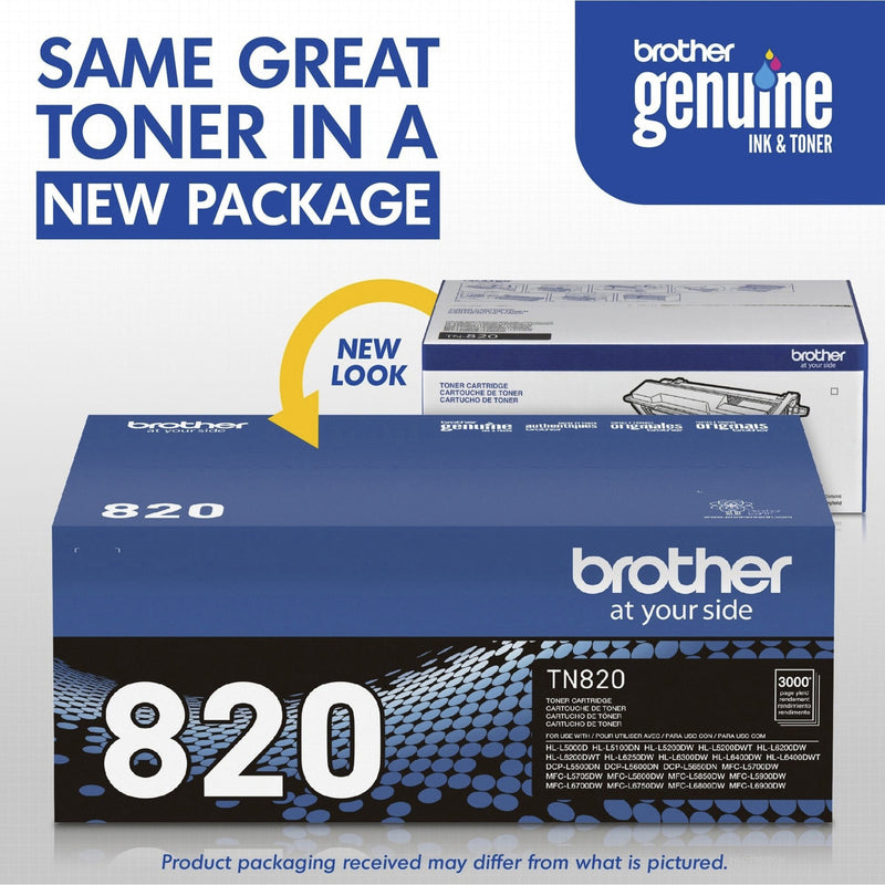 Comparison of old and new Brother TN820 toner cartridge packaging designs