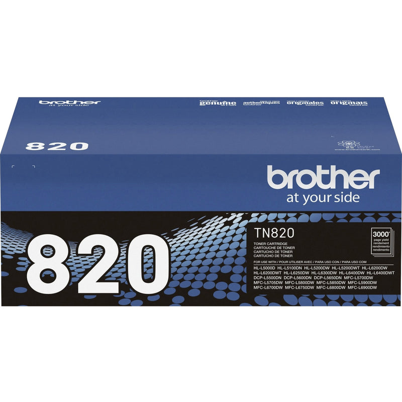 Detailed view of Brother TN820 toner cartridge packaging showing specifications and compatibility