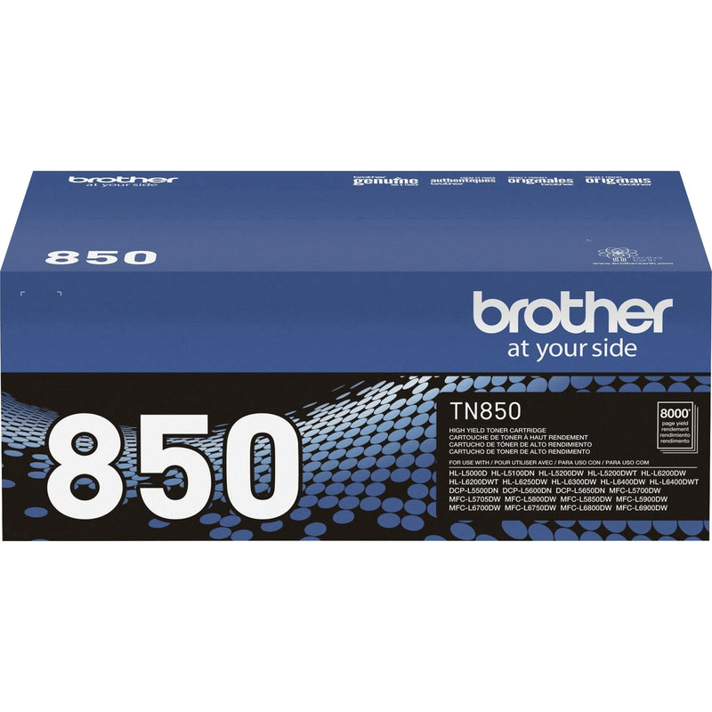 Front view of Brother TN850 toner cartridge box showing model number and compatibility information