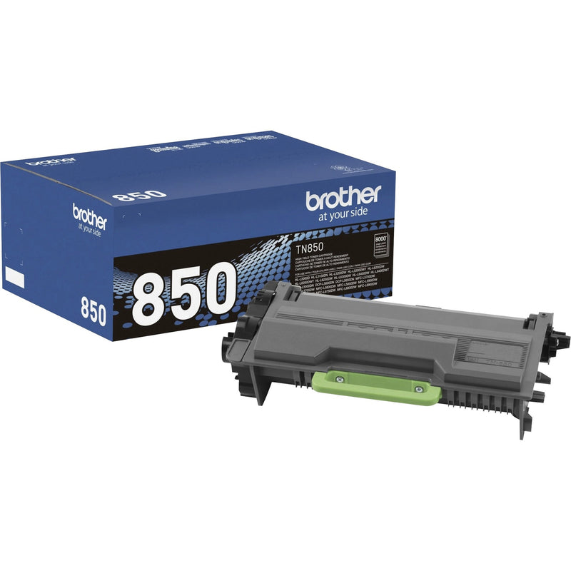 Brother TN850 high-yield toner cartridge with packaging and cartridge displayed side by side