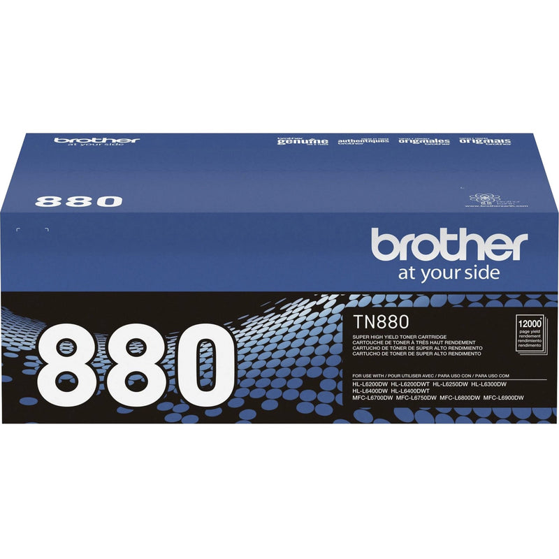 Front view of Brother TN880 toner cartridge packaging showing genuine product verification