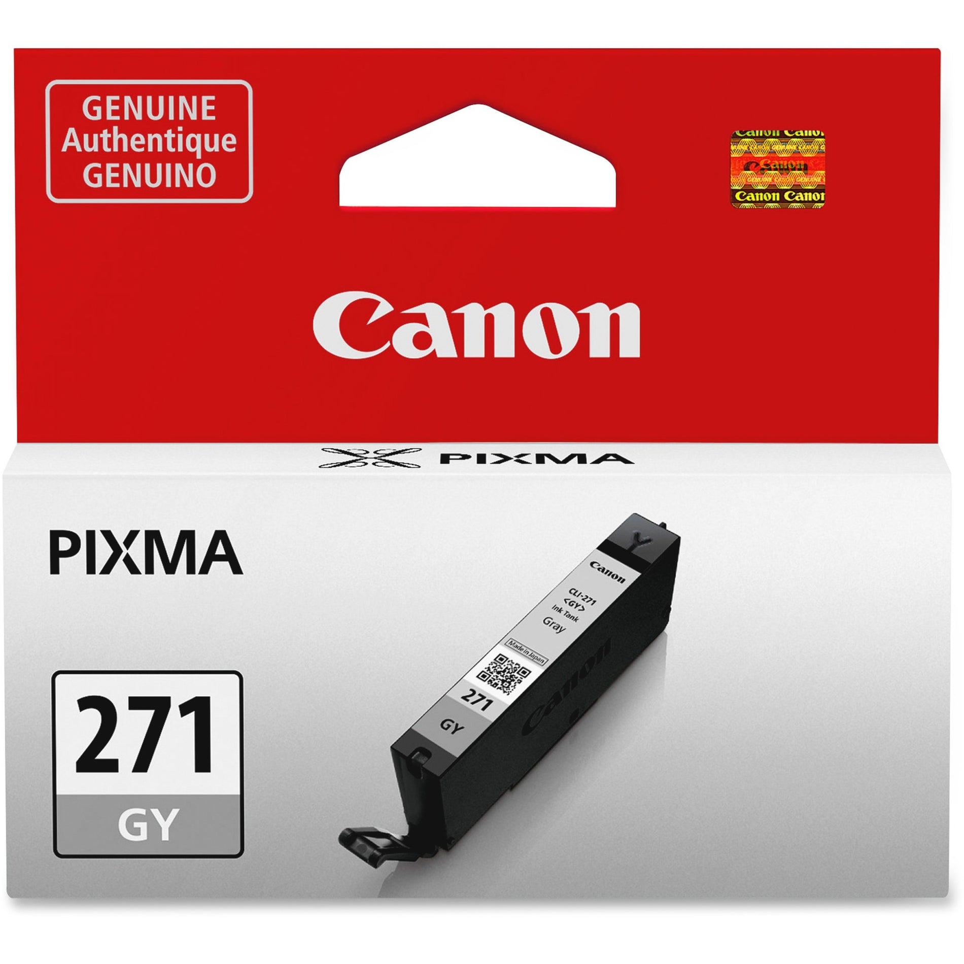 Canon CLI-271GY genuine gray ink cartridge in retail packaging showing product details and compatibility information-alternate-image1