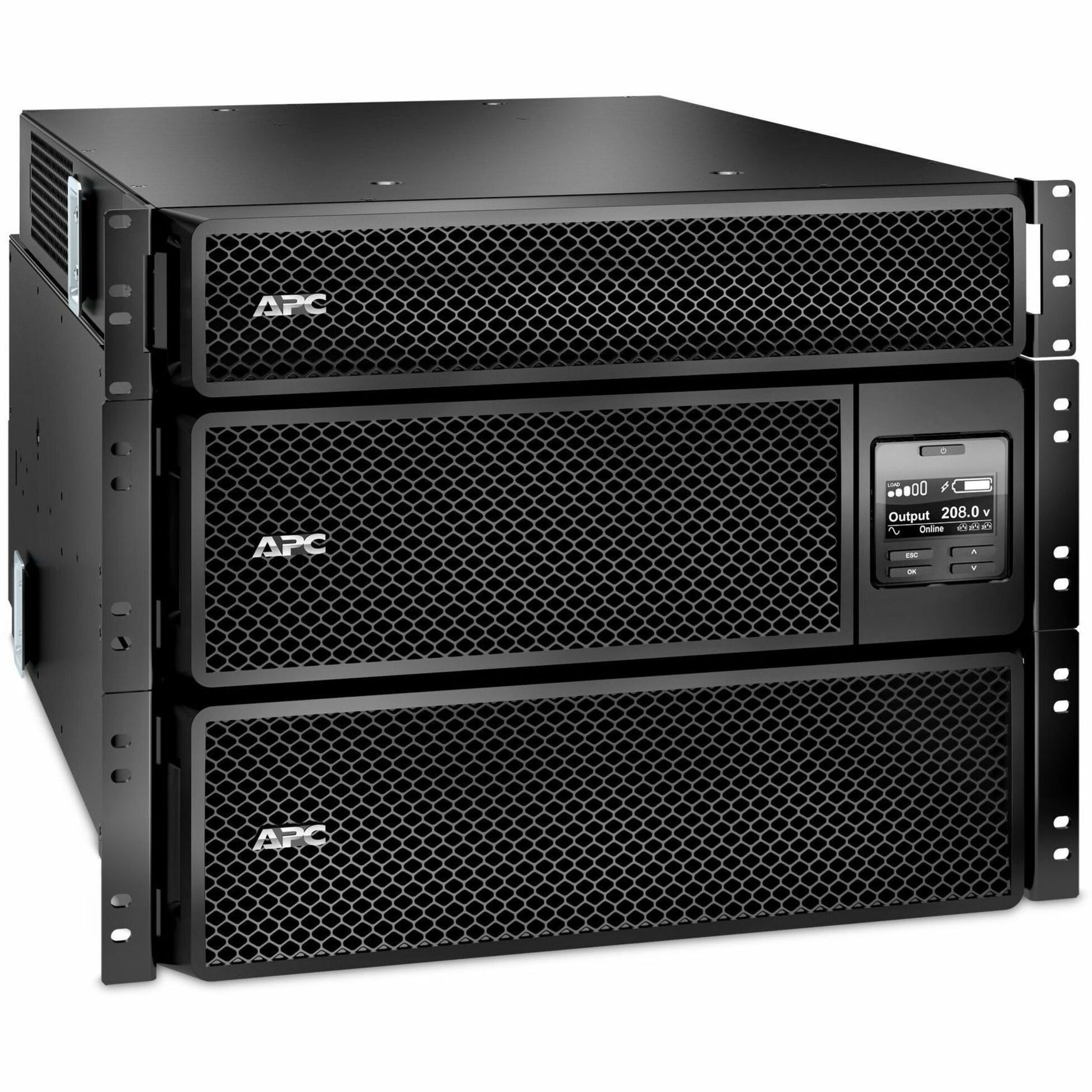 Front view of APC Smart-UPS SRT 8kVA rack-mounted UPS system with honeycomb mesh panels and LCD display-alternate-image1