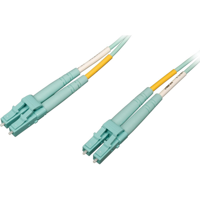 Tripp Lite OM4 fiber optic cable with aqua LC connectors and yellow strain relief boots showing both ends of the duplex cable