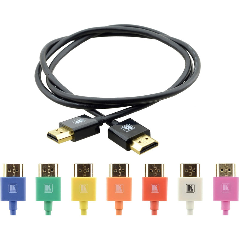 Kramer ultra-slim HDMI cable in black with gold-plated connectors, shown with additional color variants including blue, green, yellow, orange, red, white, and pink