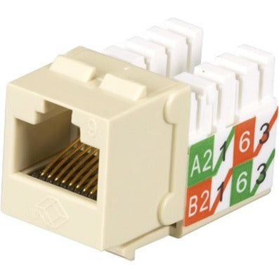 Ivory colored CAT6 keystone jack with A2/B2 wiring labels and gold-plated RJ-45 contacts