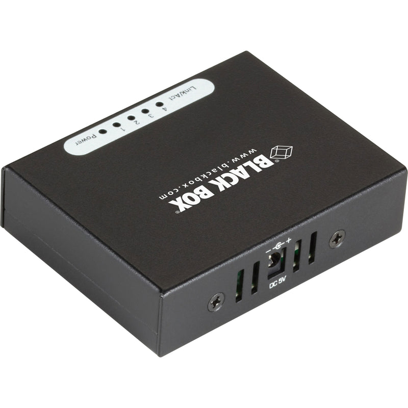 Side angle view of Black Box Gigabit switch showing ventilation design and DC power input