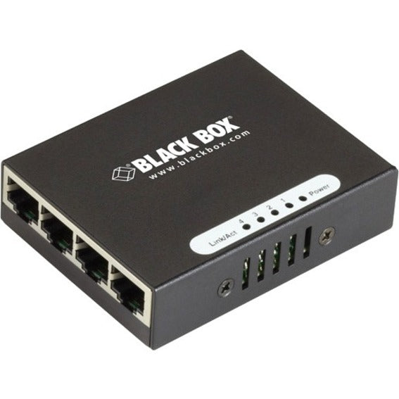 Front angled view of Black Box LGB304AE 4-port Gigabit switch showing LED indicators and branding