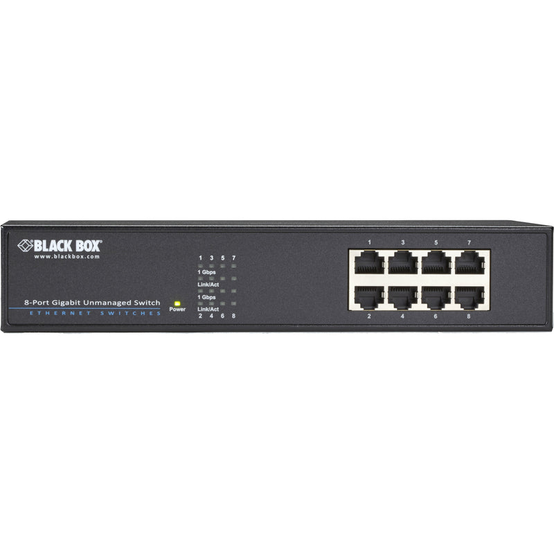 Direct front view of Black Box LGB408A-R2 Ethernet switch displaying all eight ports and status LEDs