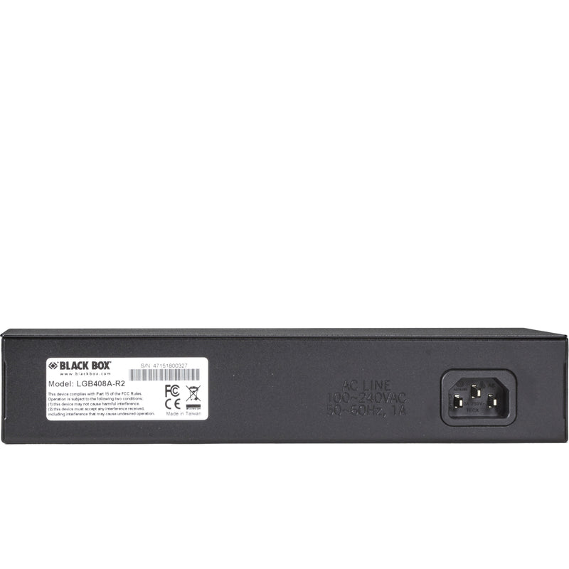 Rear view of Black Box LGB408A-R2 switch showing power input and regulatory information