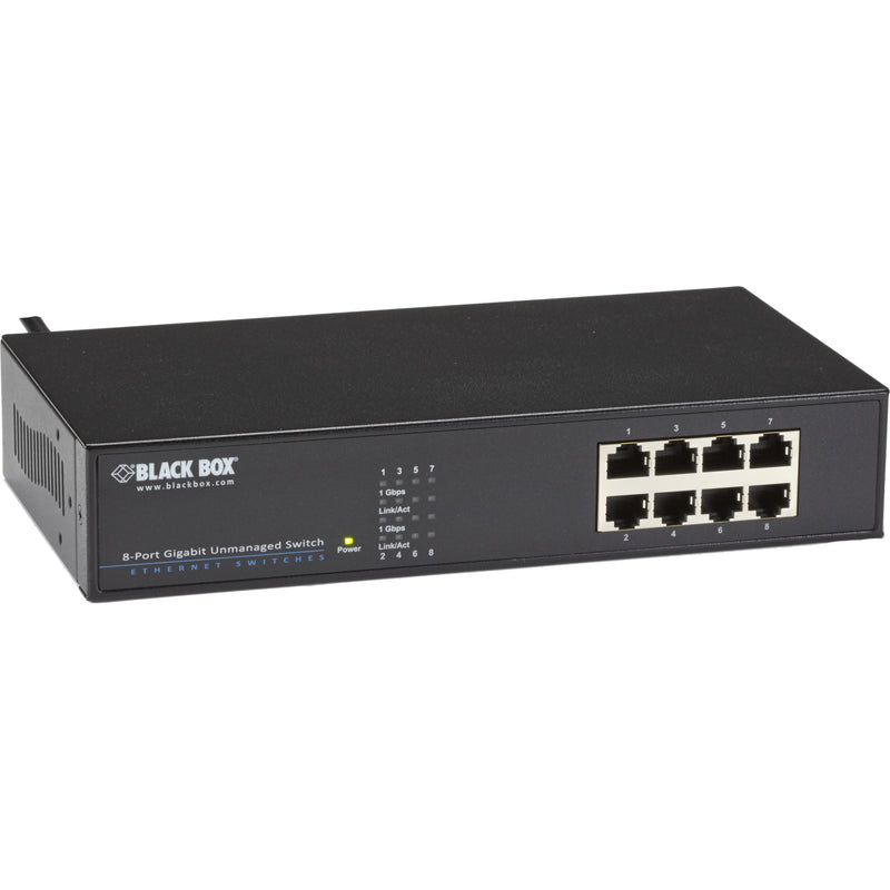 Front angled view of Black Box LGB408A-R2 8-port Gigabit Ethernet switch showing ports and LED indicators