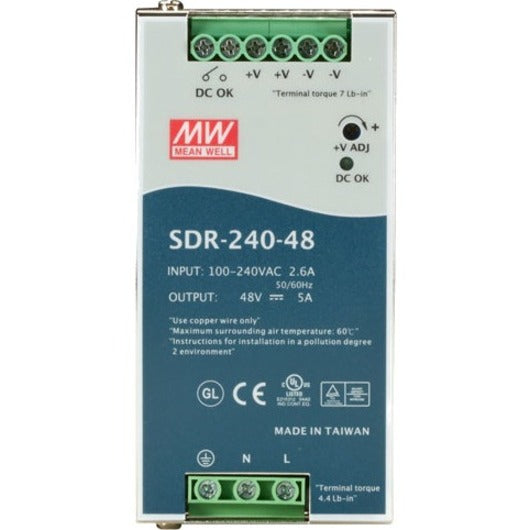 Front view of Black Box SDR-240-48 DIN rail power supply showing terminal connections, LED indicators, and specification details